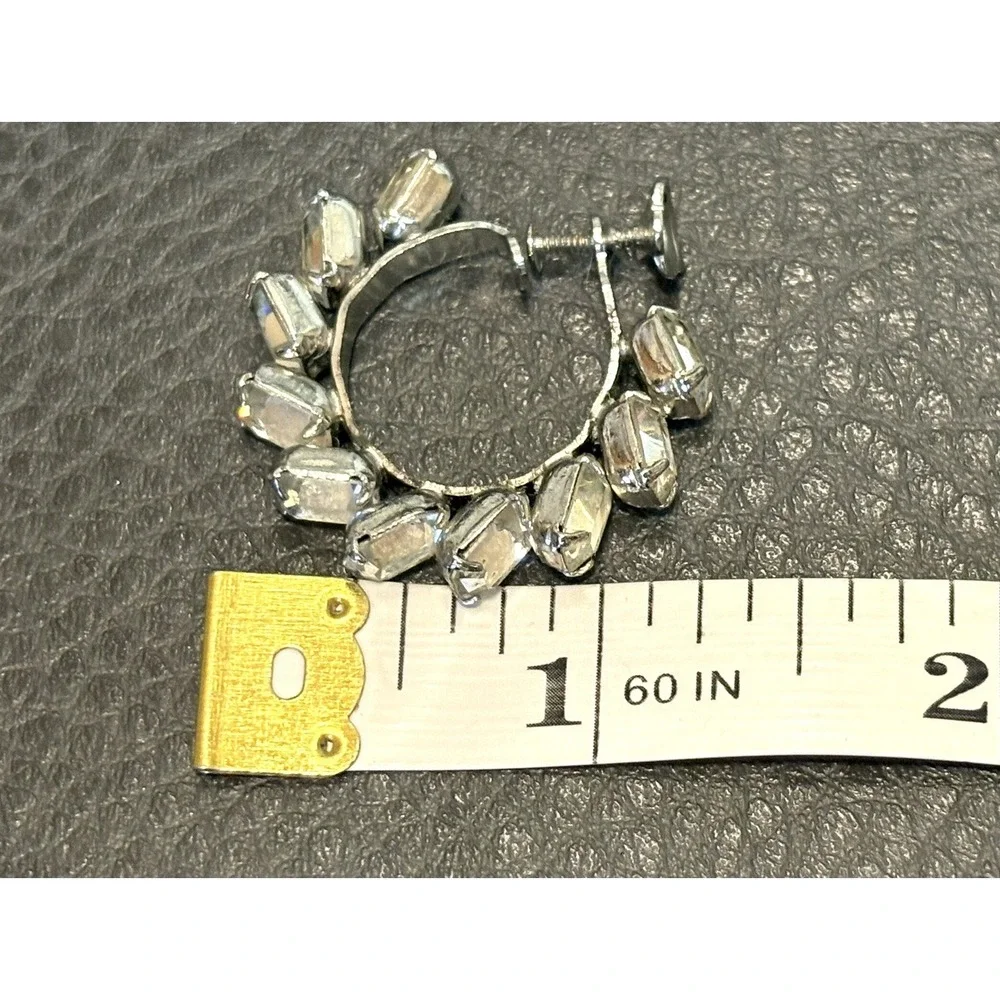 Vintage Silver Tone Screw Back Hoop Earrings Crystal Baguette Rhinestones